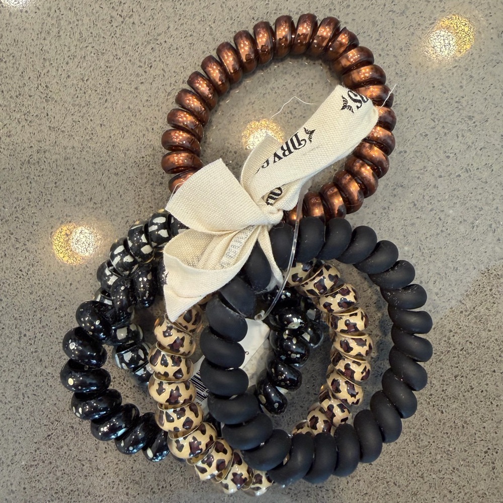 Dry Goods Spiral Coil Hair Ties Set Black Leopard Bronze No Crease Elastics